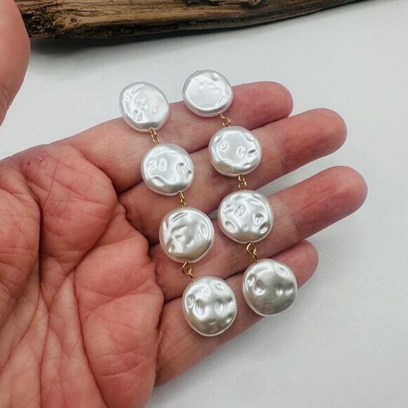 18K Gold Plated Faux Pearl Drop Earrings – Long Statement Dangles - Picture 5 of 7